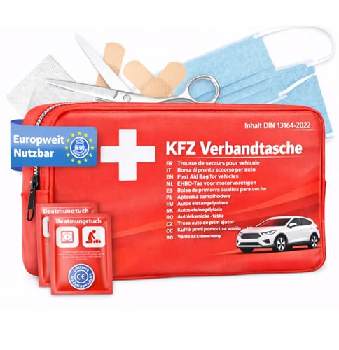 Verbandstasche KFZ Norm 2026 mit Beatmungstücher - Verbandskasten Auto - DIN13164:2022 - Erste Hilfe Set - Verbandskasten StVO konform (Rot)