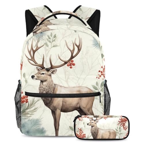 Sac à dos garçons et filles lot de 2 avec trousse motifs élan de Noël grande capacité multicolore