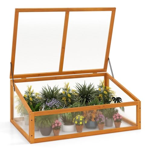 DREAMADE Wood Cold Frame Greenhouse, Portable Raised Planter Bed Prote