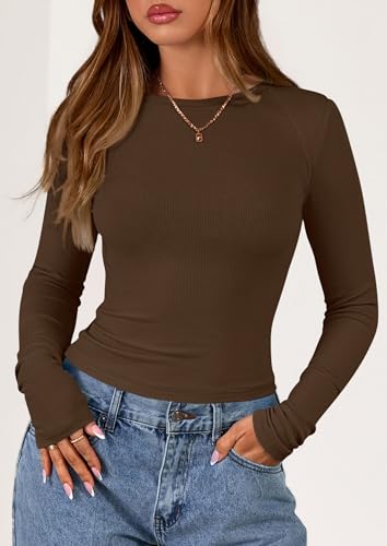 PRETTYGARDEN Long Sleeve Shirts for Women 2025 Fall Going Out Tops Casual Ribbed Knit Slim Fitted Basic Tees Y2K Clothes