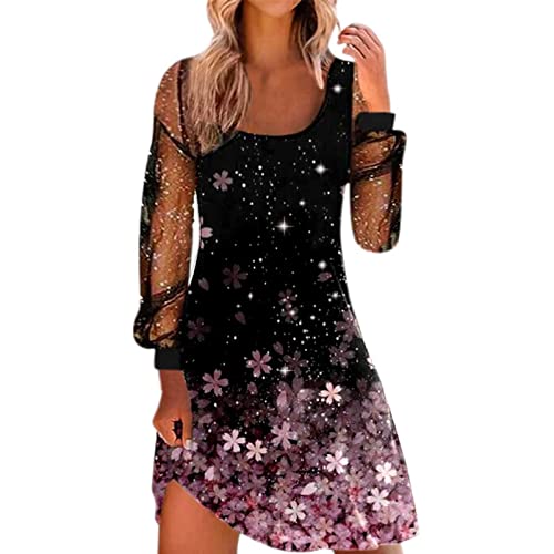 LLDYYDS Party Dresses for Women Sexy Elegant Short Sexy Dresses for Women Plus Size Ladies New Spring and Summer Mesh Printed Long-Sleeved Casual Sexy Dress Pink XX-Large