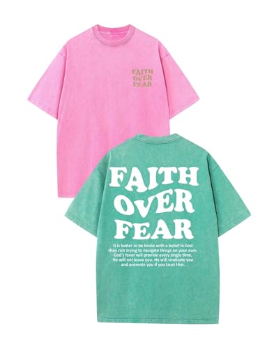 2 Packs Christian Faith Over Fe T Shirt for Men Oversized Tee Graphic Youth Acid Washed Baggy T-Shirt