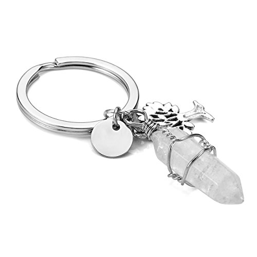 Jovivi Clear Crystal Quartz Hexagonal Gemstone Wire Wraped Crystal Healing Point Chakra Pendant Keychain Silver Tree Of Life Charm Keyring #TOP1
