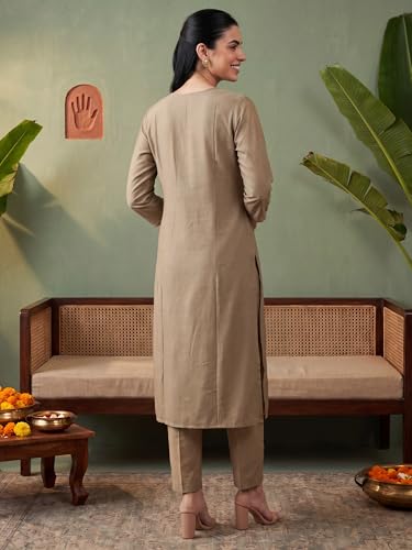 Image of INDO ERA Women's Silk Blend Ethnic Motifs Embroidered Thread Work Straight Kurta & Pant with Dupatta Set (Beige IEBBAI372 Large)