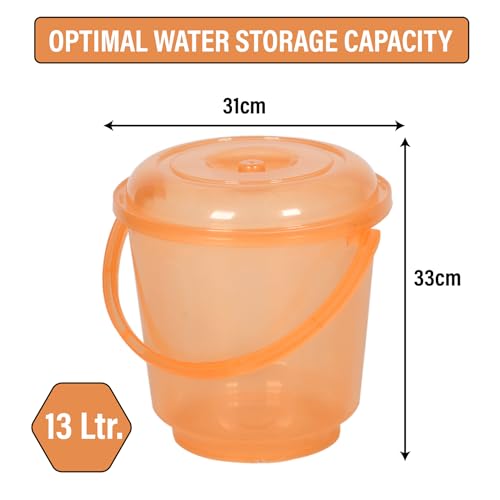 Image of Urbane Home Pack of 6 Bucket | Bathroom Bucket | Utility Bucket for Daily Use | Water Storage Bucket | Bathing Bucket with Handle & Lid | 13 LTR | SUPER-013 | Transparent Orange
