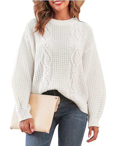 Image of ZAFUL Womens Sweater Cable Knit Oversized Sweaters Crewneck Long Sleeves Casual Knit Pullover Tops