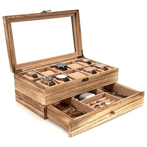 Emfogo Watch Box - 10 Slot Watch Case for Men Women, Wooden Watch Holder Organizer Display for Mens, Gift For Boyfriend Fathers Day Birthday Gifts (Rustic Brown) Cover