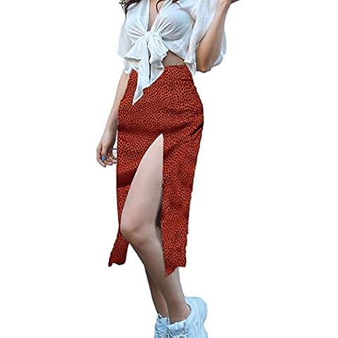 HIGO FASHION Womens Sexy Split Skirt Leopard Print High Low Split A Line Midi Skirt High Waist Elasticized Wrap Skirts Cover