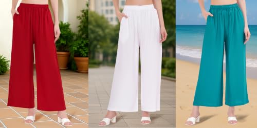 Image of Buy That Trendz Palazzo Pants for Women Rayon Elasticated Regular Fit Flared Wide Leg M to 6XL Pack of 3