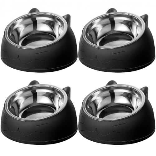 Irenare Elevated Cat Bowls 4 Pack, Stainless Steel Slanted Food Dishes 7oz, Raised Pet Bowls for Cats Small Breeds, Ergonomic Kitten Puppy Feeding Set for Digestion Health Easy Clean