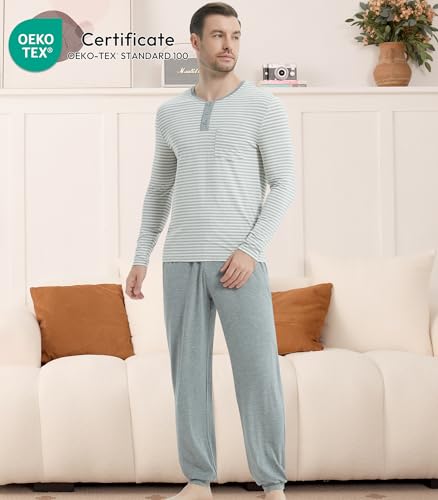 Image of NACHILA Mens Pajamas Set Long Sleeve Henley Sleepwear Top Soft Jogger Pants Pajamas Cool Pjs Set,Viscose Made from Bamboo