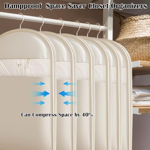 3Pcs Space Saving Hanging Garment Bag with Self Compression Zipper, Storage Bags Space Saver Closet Organizers Dust Cover 3 sizes for Down Coat Clothes Beige3