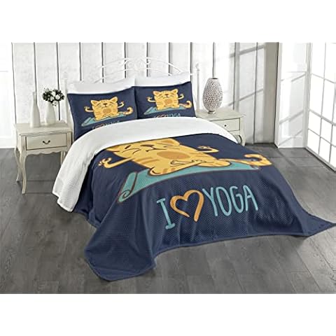 ABAKUHAUS Animal Cubrecama, Gato Yoga Posición de Loto, Azul Oscuro Cover