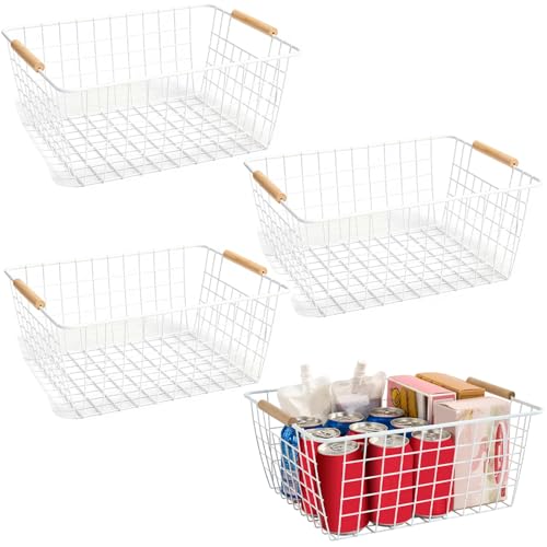 4 Pack White Large Wire Baskets for Organization Metal Wire Food Storage Basket Organizer with Wooden Handles for Organizing Kitchen Cabinets
