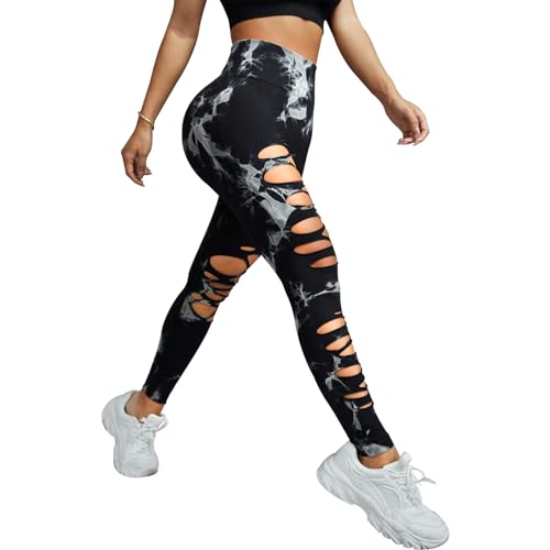 UONNOU Women's Tie Dye Cutout Tights High Waist Workout Yoga Leggings,Scrunch Butt Lifting Elastic Pants,2 Pack4