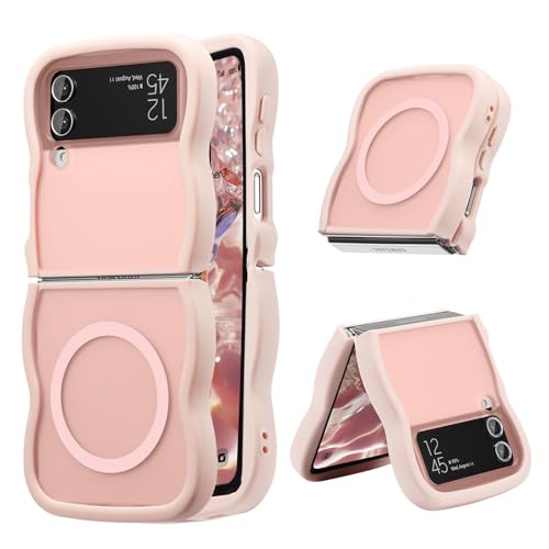UEEBAI Magnetic for Samsung Galaxy Z Flip 3/Z Flip 4 Case, Compatible with MagSafe, Transparent Clear Wave Frame Design Soft Edge Cover Matte Shockproof Phone Case- Pink
