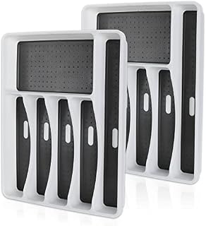 YOUNTHYE 2Pack Plastic Cutlery Trays for Kitchen Drawers, 41 x 33cm, 6 Compartment Large Cutlery Organiser, Non-Slip Cutlery Drawer Organiser Utensil Tray for Kitchen/Office/School Storage