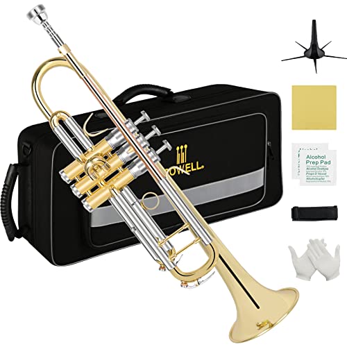 Rowell Brass Bb Trumpet, Professional Trumpets For Beginner,Standard Trumpet Set With Hard Case, Cleaning Kit, Stand, 7C Mouthpiece, Gloves, Valve Oil. #TOP23