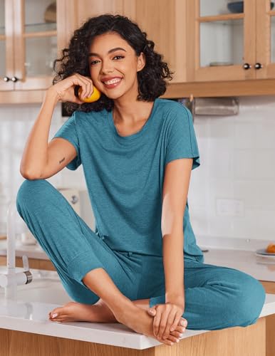 Image of Ekouaer 2 pack Womens Pajama Short Sleeve Jogger Pants Pjs Lounge Set | Pajama Sets with Pockets Comfy Sleepwear for Daily Wear, Sleep, Home, Sport, Workout