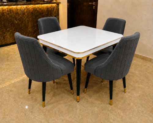Image of WOODEN SPACE 4 Seater Wooden Dining Table Set | Urban Marble Top Dining Table with Chairs for Dining Room & Kitchen (Modern Infinity Backline Dark Grey) (42 x 42 x 30 inch)
