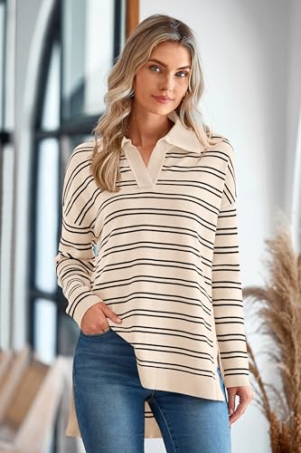MASCOMODA Womens Sweaters Fall 2025 Oversized Striped Sweater Long Sleeve Polo V Neck Loose Side Slit Knitted Tunic Tops(Apricot,Large)2