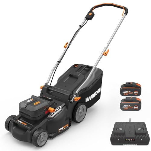 WORX Tondeuse à Gazon sans Fil 40V WG737E, Surface Max de 600 m², Lame de 37cm, Sac de 40L, Coupe jusqu'aux Bordures, 6 Hauteurs de Coupe, Livrée avec 2...