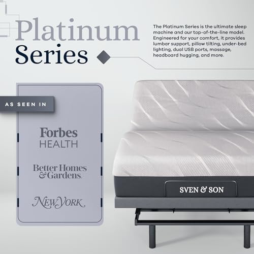 Image of Sven & Son Platinum Adjustable Bed Base Frame Only, Head and Foot Lift, Lumbar Support, Head-Pillow-Tilt, Massage, Under-Bed Lights, USB - Queen