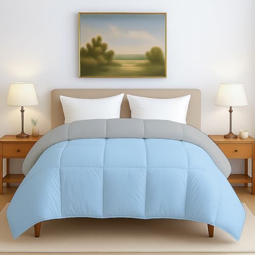 Image of Bed Comforter - Double Size - Light Blue & Light Grey - 300 GSM Quilt Blanket Rajai - Winter Warm Down Alternative Duvet Insert with Corner Ties
