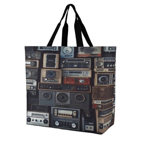 Women's Multi-Functional Shopping Bag，Vintage Wall of Radio Boombox Printing Messenger Bag Shoulder Bag for Travel, Work, Shopping & Parties with Inner Pocket, Grocery Bag Lightweight & Water-Resistan