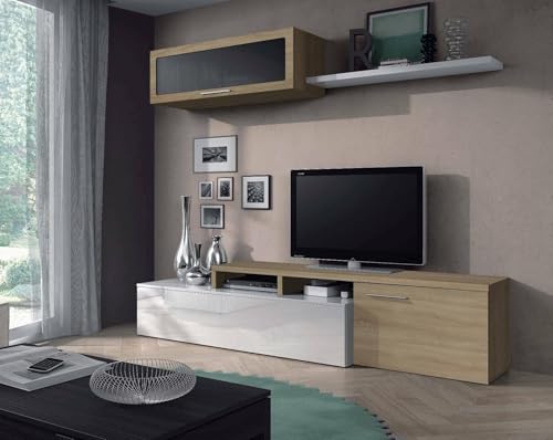 Dmora - Parete attrezzata Chino, Mobile soggiorno porta TV, Composizione salotto reversibile, Set salotto ad angolo, 200x41h44 cm, Rovere e Bianco lucido