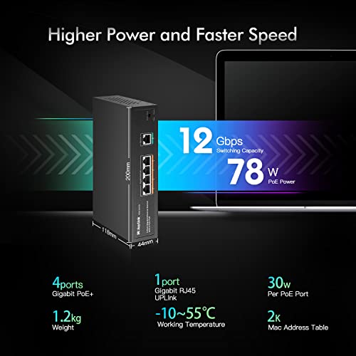 Image of MokerLink 5 Port Gigabit POE Switch, with 4 POE+ Ports 1000Mbps, 78W IEEE802.3af /at, Unmanaged Plug and Play, Sturdy Metal Fanless
