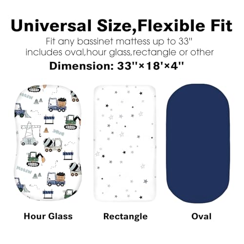 Image of Little Grape Land Bassinet Sheets for Baby Boys Girls 3 Pack, 33 inch x 18 inch Extra Soft Breathable Fitted Bassinet Sheets, Bedside Sheets Fit for Oval Rectangle and Hourglass Bassinet Mattress (Truck)