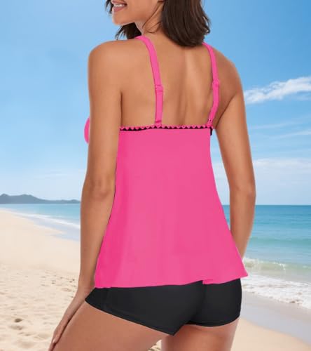 Womens 2 Piece Tankini Fluorescent Blue Lines Print Swimsuits Tummy Control Tank Top with Boyshort3