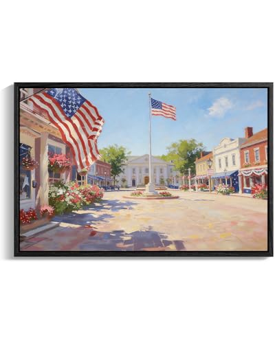 Image of American Flag Framed Canvas Wall Art, 4th of July Red White Blue Canvas Prints, USA Flag with Small Town Street Patriotic Decorations, Independence Day Wall Decor for Bedroom Living Room 11x14