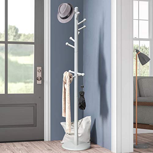 Vlush Sturdy Wooden Coat Rack Stand, Entryway Hall Tree Coat Tree With Solid Round Base For Hat,Clothes,Purse,Scarves,Handbags,Umbrella, White #TOP5
