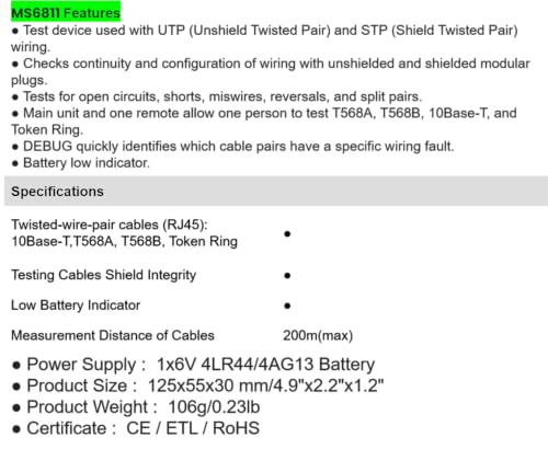 Testeur de ligne MS6811 pour diagnostiquer un câble réseau défaillant - 6