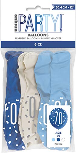 Vibrant 70th Glitz Latex Balloons in Light Blue, Royal Blue, & White (30cm) - Perfect for Parties, Celebrations & Events - 6ct