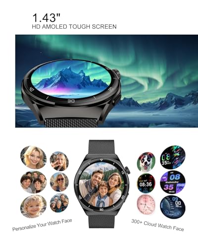AMOLED Smart Watches for Men Women Fitness Tracker Watch Smartwatch for Android Phones/iPhone Compatible 1.43" HD Mens Watch with SOS ChatGpt AI Voice Heart Rate Sleep Female Cycle IP68 Waterproof