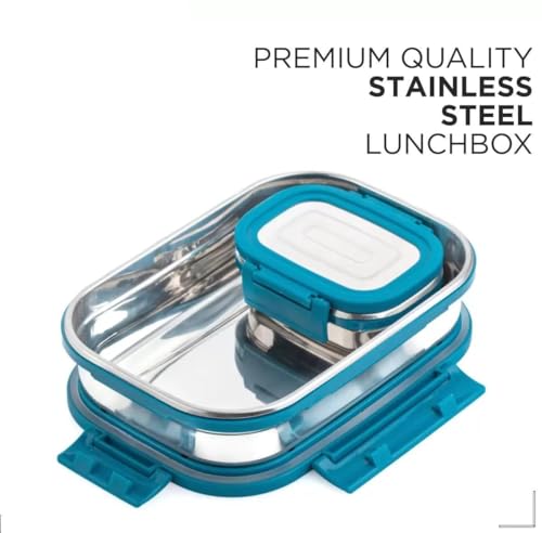 Image of Premium Stainless Steel Lunch Box, Pack of 2, Leakage Proof /Airtight Containers Lunch Box for Office Use, Bento Lunch Box for Men /Women, 4 Side Clip Lock Lid (700ml + 200ml) - Blue