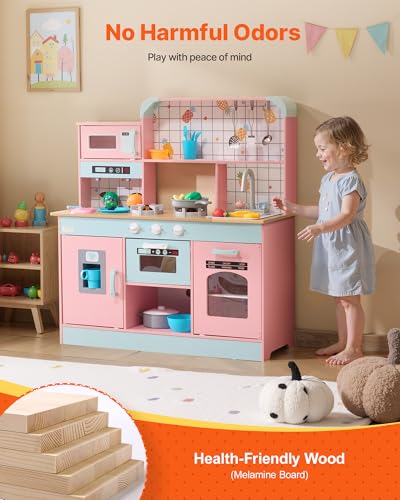 Image of VEVOR Wooden Play Kitchen Toy, Play Kitchen for Kids with Lights and Sounds, Toddler Kitchen with Ice Maker, Oven, Sink, Microwaves, Fridge and Utensil and Fruit Accessory for Toddlers, Pink