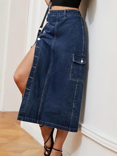 Women's Casual High Waist Denim Mid Skirt Slit Button Up Jean Skirts with Pockets4