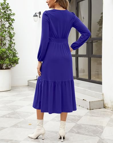 Image of Kranda Women 2025 Fall Puff Long Sleeve V Neck Causal Flowy Pleated Ruffle Tiered Midi Dress with Pockets