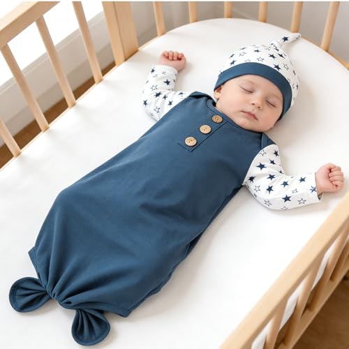 Image of AMAWMW Newborn Baby Boys Girls Cartoon Sleeper Gown Long Sleeve Mountain Nightgown Hat Outfits