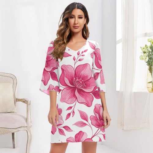 Robe courte en mousseline de soie col V et motif fleuri magenta d'exception