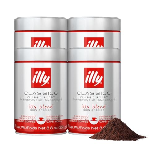 Illy Ground Espresso Coffee, Classico Medium Roast - Mild & Balanced - 100% Arabica - Pre-Ground for Espresso - Pressurized Packaging Sealed for Freshness -8.8oz (Pack of 4)