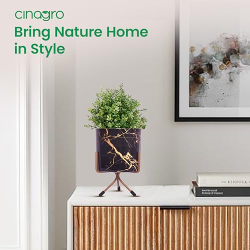 Image of CINAGRO Metal Flower Vase Planter Pot with Iron Stand, Pots for Plants, Plant Pots for Home Decoration, Succulent Pot, Indoor Planter Garden Decor Style: Marble Mirage Black