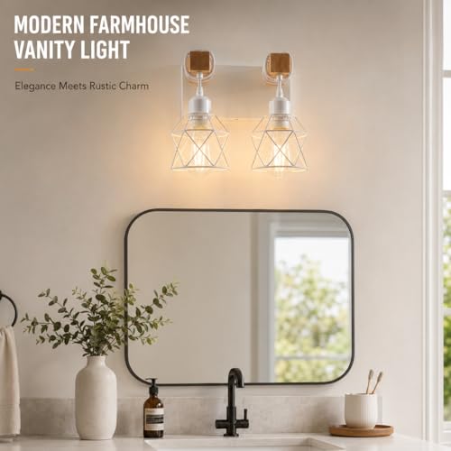 Image of Farmhouse Vanity Light Fixture,2-Light Bathroom Lighting,White Modern Wood Wall Light Over Mirror with Metal Shade