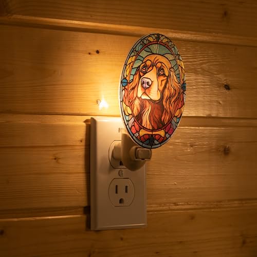 Image of Dog Night Light Cavalier King Charles Spaniel Stained Glass Style Pet Decor for Dog Lovers Plug in Wall Animal Nightlight for Bathroom Bedroom Hallway Gift