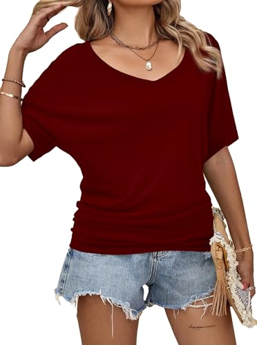 Image of Hilinker Womens Sexy Off The Shoulder Tops Short Batwing Sleeve T Shirt Oversized Casual Tee