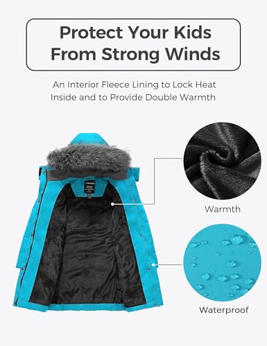 Image of wantdo Girls Winter Coats Long Puffer Jackets Fleece Lined Removable Hood | Detachable Faux Fur, 5000mm Waterproof, Zippered Pockets, Machine Washable